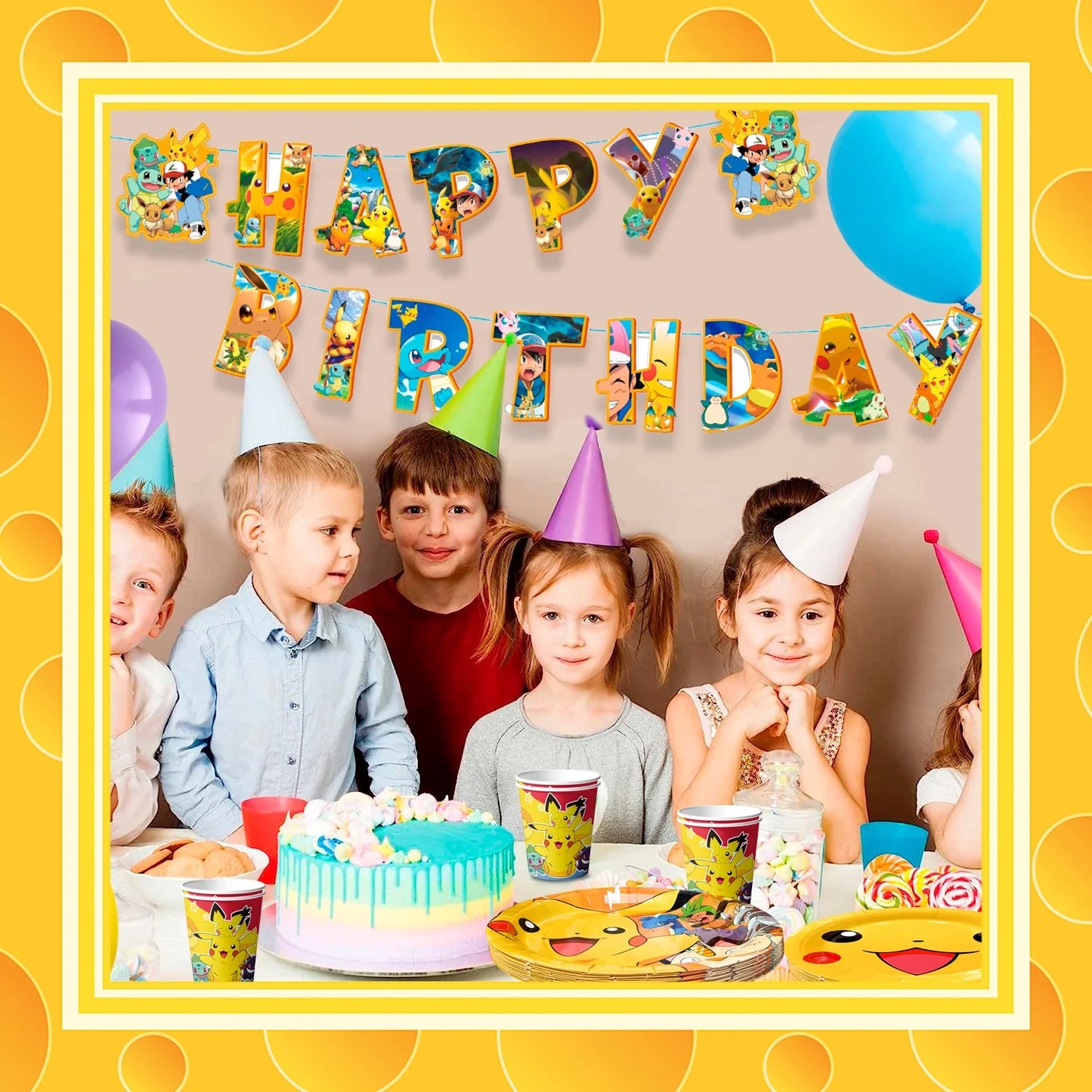 Pokemon Theme Birthday Party Decoration Tableware Set, Pokemon Party Supplies Tableware - Pokemon Table Cloth Banner Plates Napkins Cups for Pokemon Birthday Party Decorations