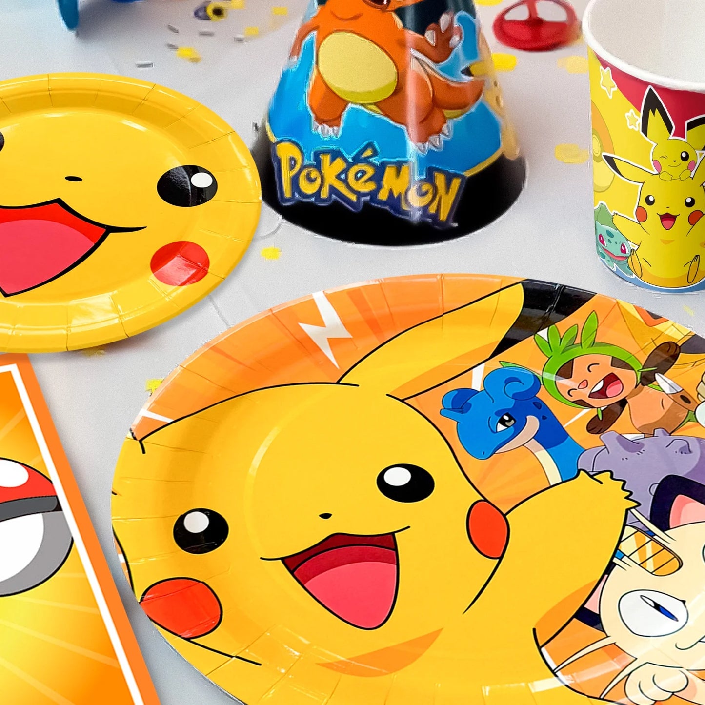 Pokemon Theme Birthday Party Decoration Tableware Set, Pokemon Party Supplies Tableware - Pokemon Table Cloth Banner Plates Napkins Cups for Pokemon Birthday Party Decorations