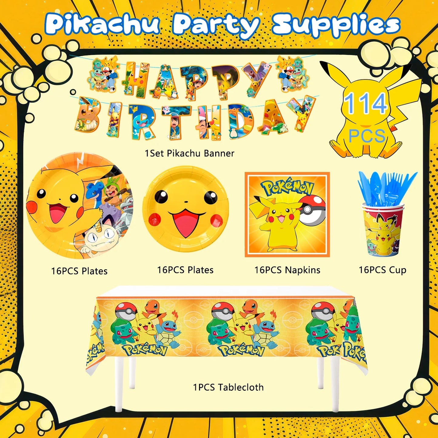 Pokemon Theme Birthday Party Decoration Tableware Set, Pokemon Party Supplies Tableware - Pokemon Table Cloth Banner Plates Napkins Cups for Pokemon Birthday Party Decorations