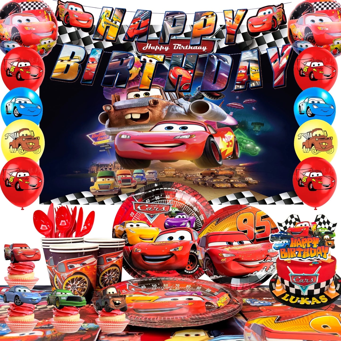 Cars Birthday Party Supplies, Cars Birthday Decorations & Cars Party Tableware Set - Cars Balloons Banner & Lightning Mcqueen Plates Cups Napkins Etc Lightning Mcqueen Birthday Decorations