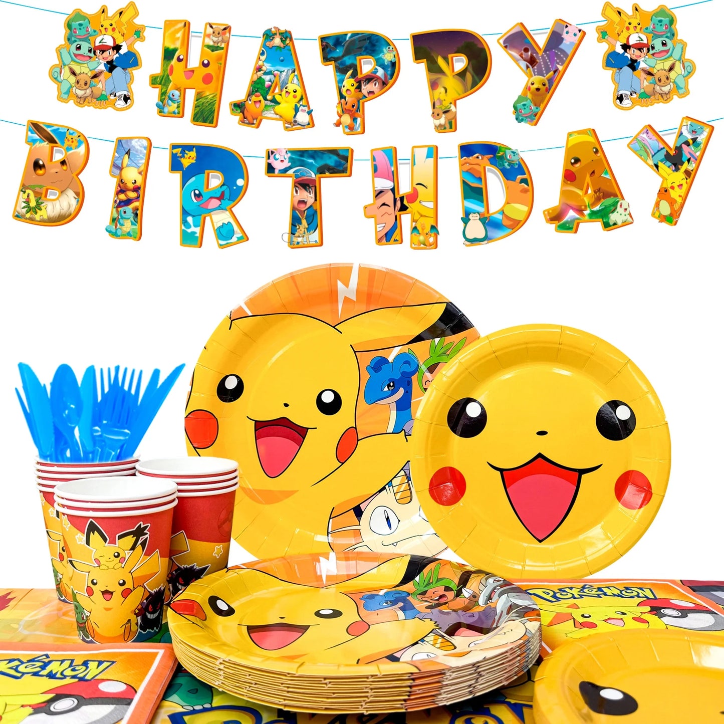 Pokemon Theme Birthday Party Decoration Tableware Set, Pokemon Party Supplies Tableware - Pokemon Table Cloth Banner Plates Napkins Cups for Pokemon Birthday Party Decorations