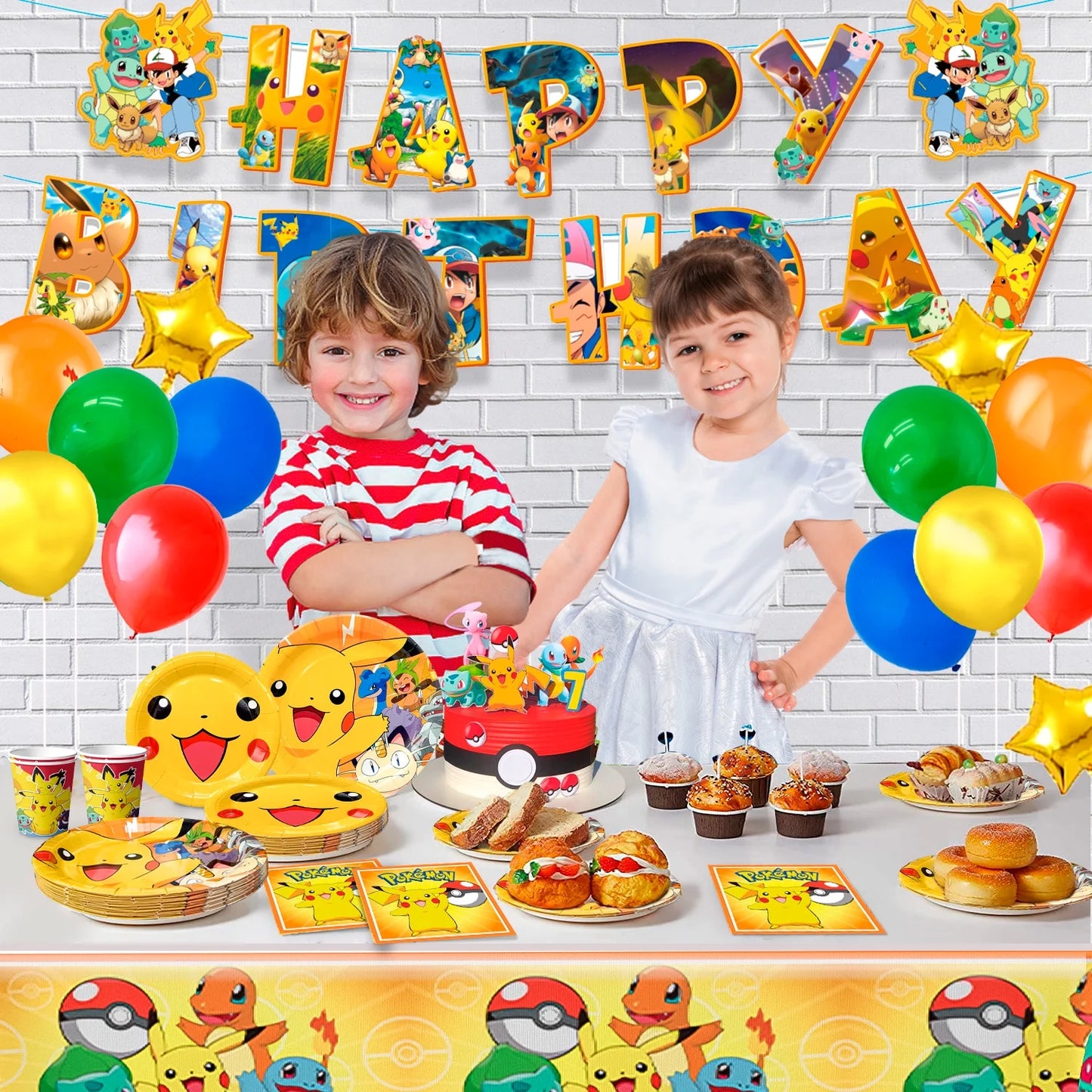 Pokemon Theme Birthday Party Decoration Tableware Set, Pokemon Party Supplies Tableware - Pokemon Table Cloth Banner Plates Napkins Cups for Pokemon Birthday Party Decorations