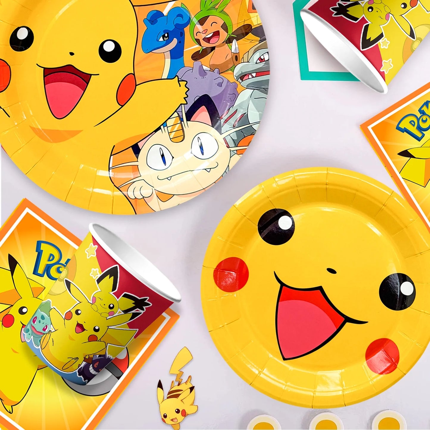 Pokemon Theme Birthday Party Decoration Tableware Set, Pokemon Party Supplies Tableware - Pokemon Table Cloth Banner Plates Napkins Cups for Pokemon Birthday Party Decorations