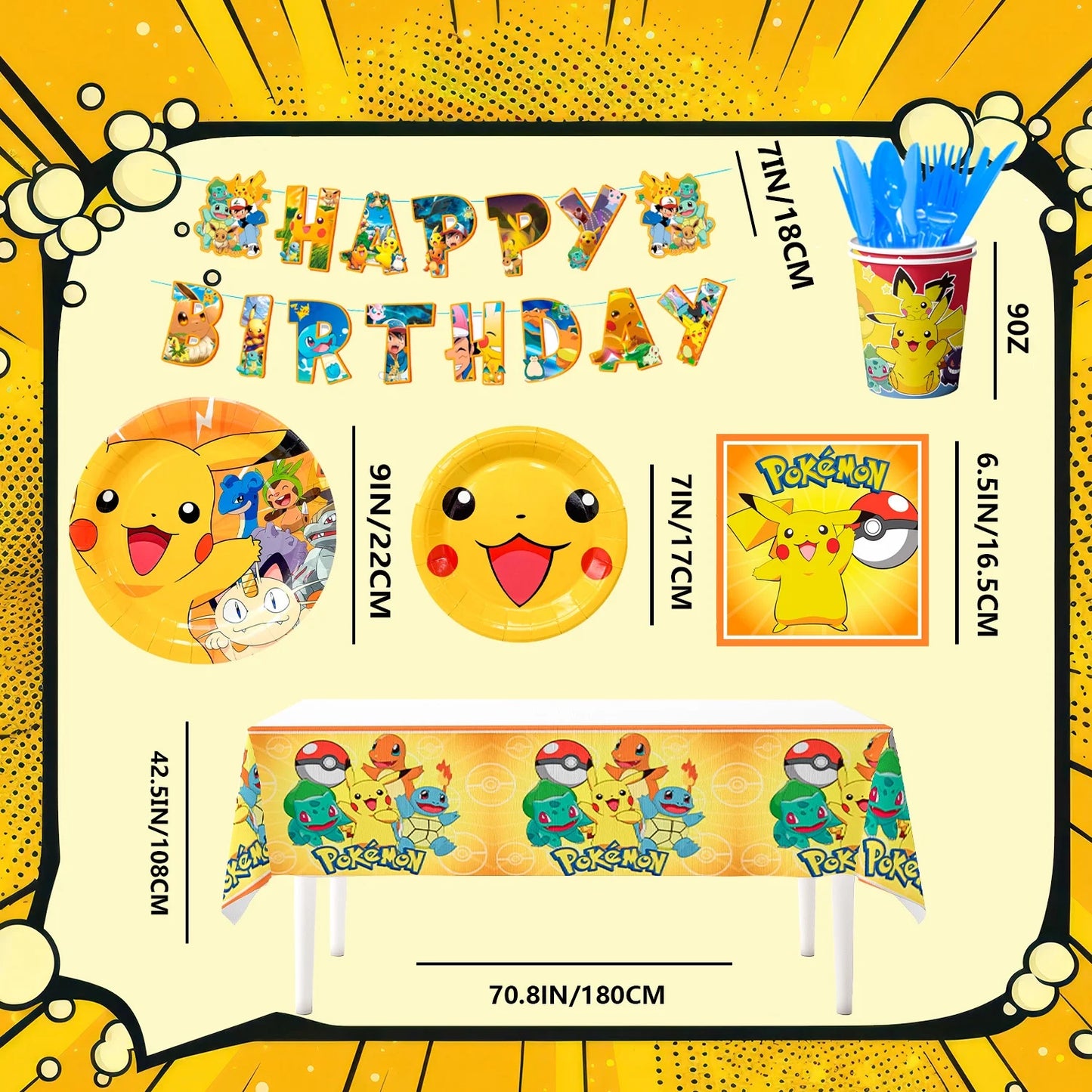Pokemon Theme Birthday Party Decoration Tableware Set, Pokemon Party Supplies Tableware - Pokemon Table Cloth Banner Plates Napkins Cups for Pokemon Birthday Party Decorations