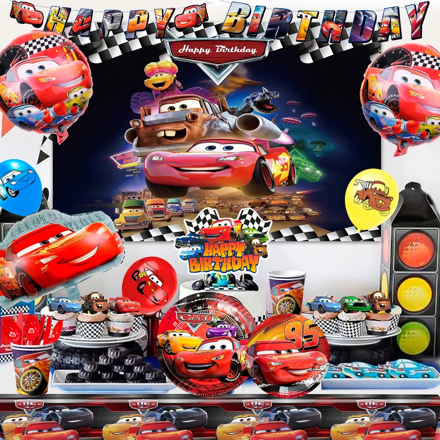 Cars Birthday Party Supplies, Cars Birthday Decorations & Cars Party Tableware Set - Cars Balloons Banner & Lightning Mcqueen Plates Cups Napkins Etc Lightning Mcqueen Birthday Decorations