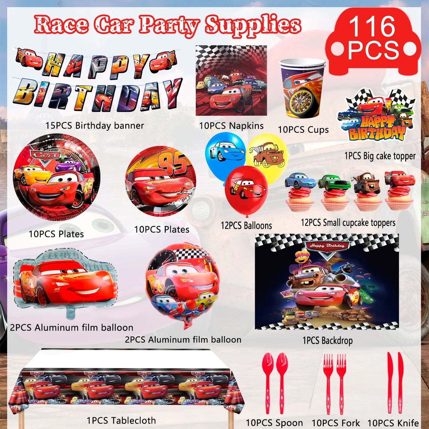 Cars Birthday Party Supplies, Cars Birthday Decorations & Cars Party Tableware Set - Cars Balloons Banner & Lightning Mcqueen Plates Cups Napkins Etc Lightning Mcqueen Birthday Decorations