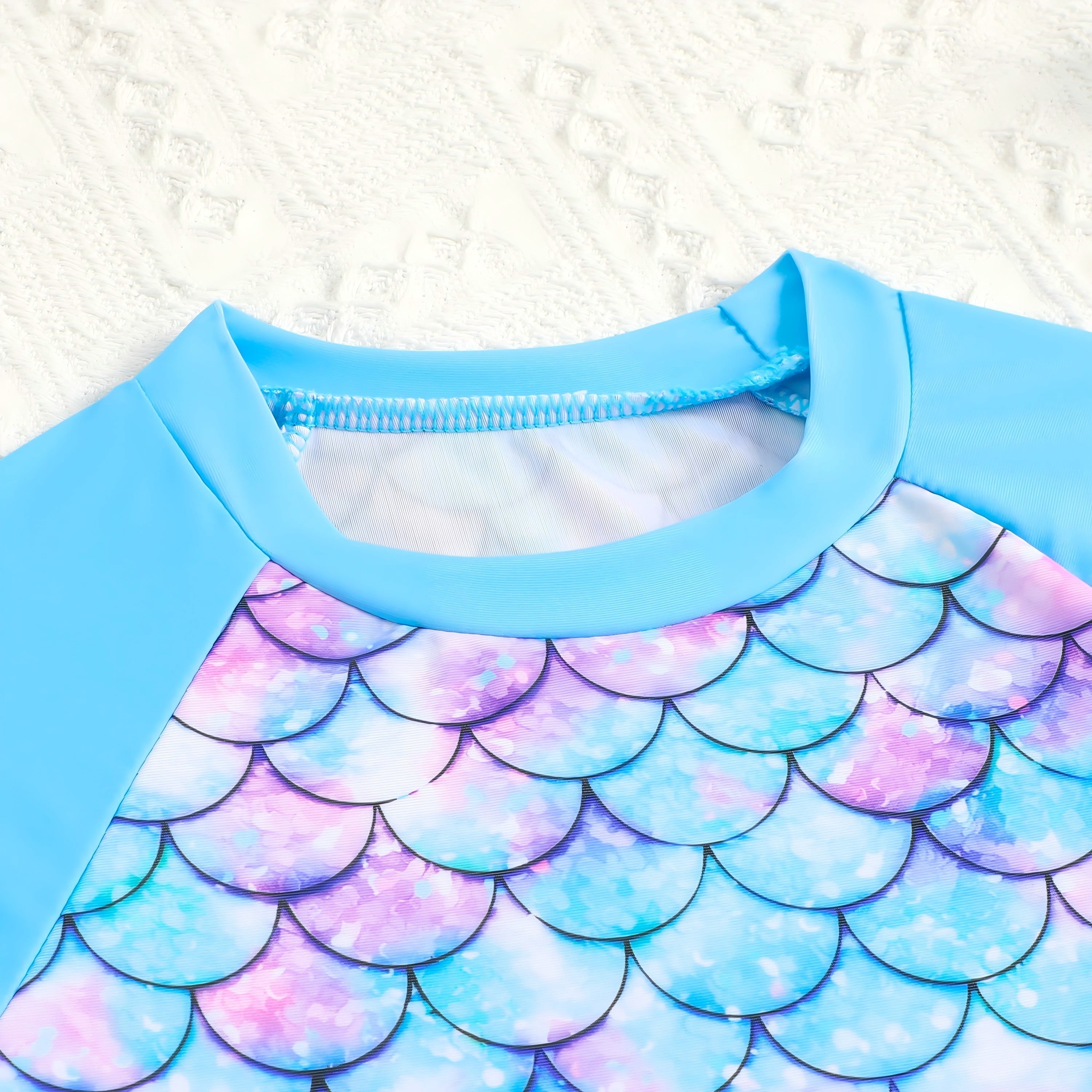 3-8T Toddler/Little Girls Light Blue Ocean Mermaid Scales Rashguard Swimsuit Set 5-6T
