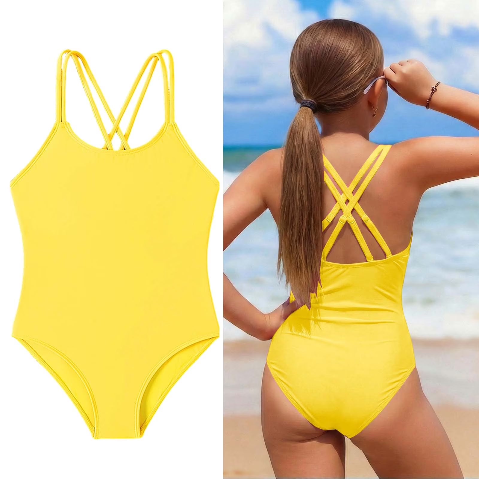 Swimsuits for Girls Crossback 1 Piece Bathing Suit Quick Dry Beach Swimwear with Adjustable Straps Tween Girl Bathing Suits 11-12 Years
