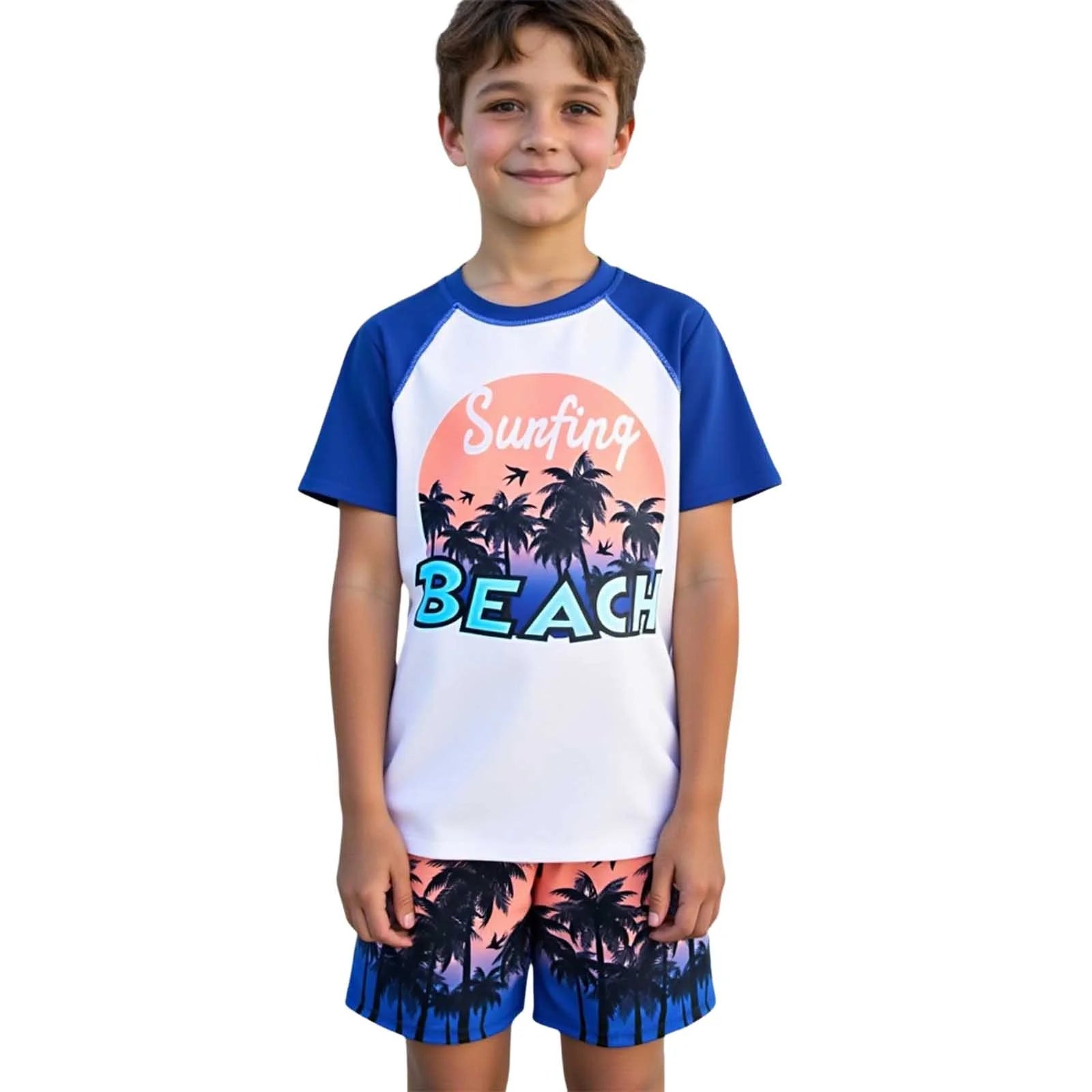 Cute Swimsuits Boys' 2 Piece Cartoon Dinosaur Two Piece Swimsuit Set Rash Guard and Swim Trunks for Swimming Size:5-6 Years