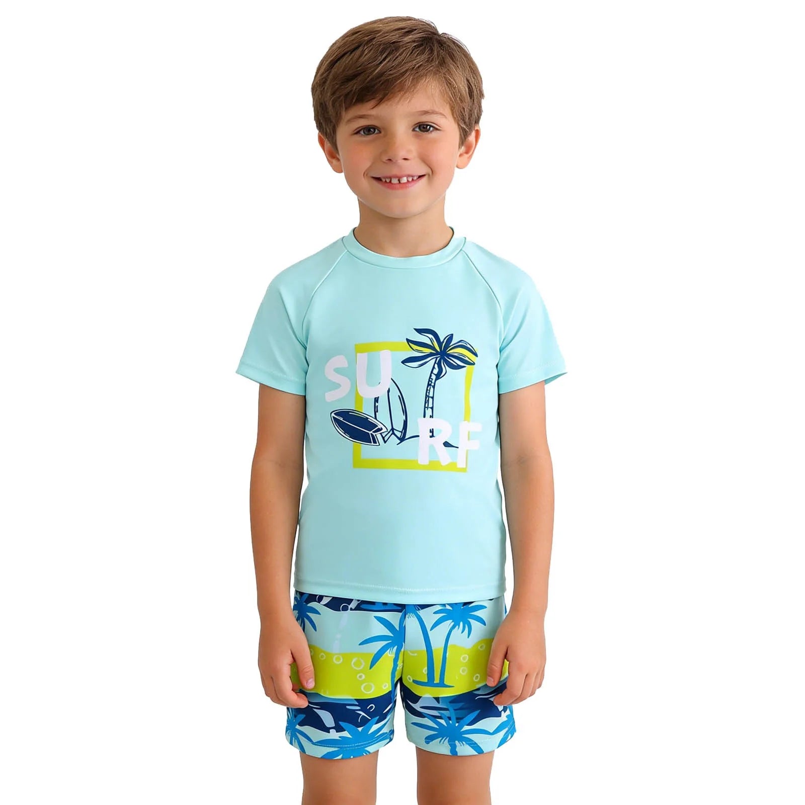 Cute Swimsuits Boys' 2 Piece Cartoon Dinosaur Two Piece Swimsuit Set Rash Guard and Swim Trunks for Swimming Size:5-6 Years