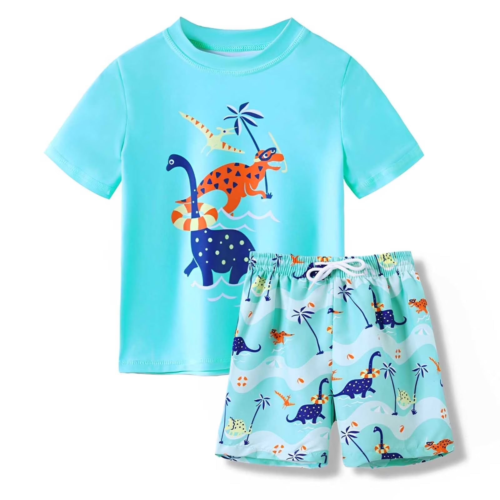 Cute Swimsuits Boys' 2 Piece Cartoon Dinosaur Two Piece Swimsuit Set Rash Guard and Swim Trunks for Swimming Size:5-6 Years