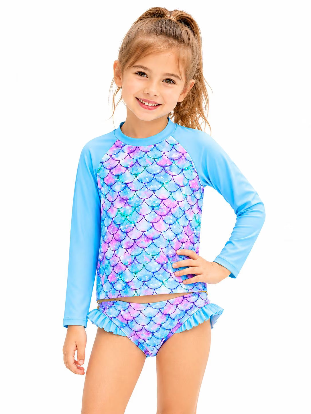 3-8T Toddler/Little Girls Light Blue Ocean Mermaid Scales Rashguard Swimsuit Set 5-6T