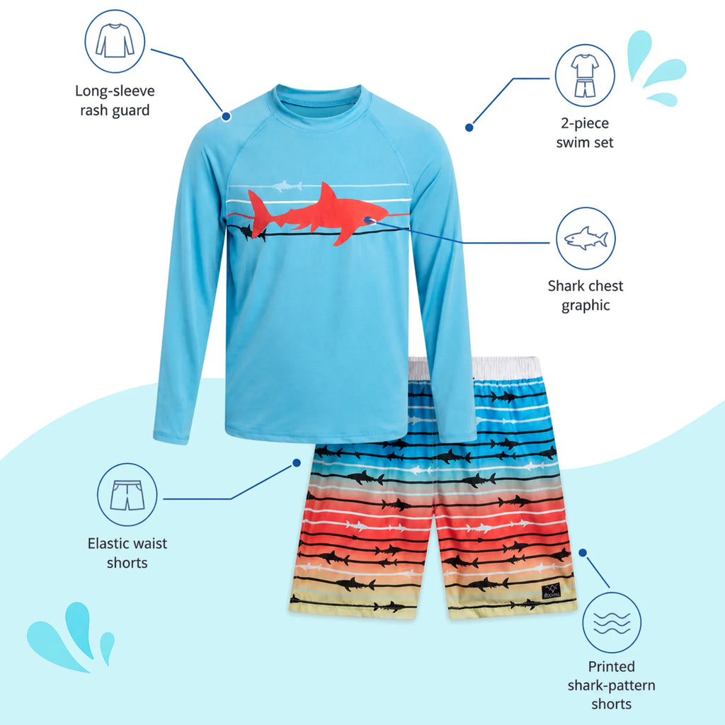 Boys Swim Set - UPF 50+ Long Sleeve Rash Guard and Swim Trunks, 2 Piece Boys Swimsuit Set