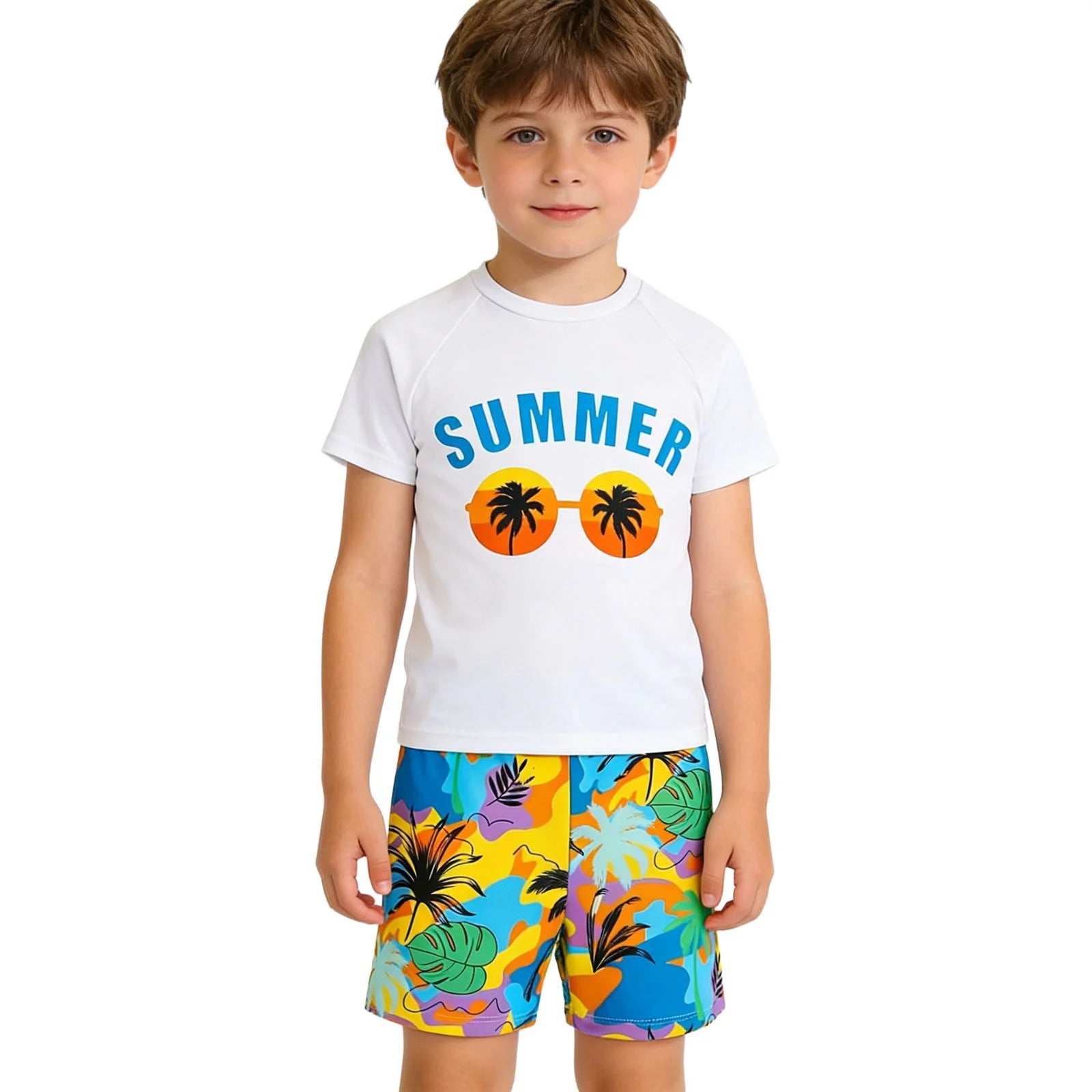 Cute Swimsuits Boys' 2 Piece Cartoon Dinosaur Two Piece Swimsuit Set Rash Guard and Swim Trunks for Swimming Size:5-6 Years