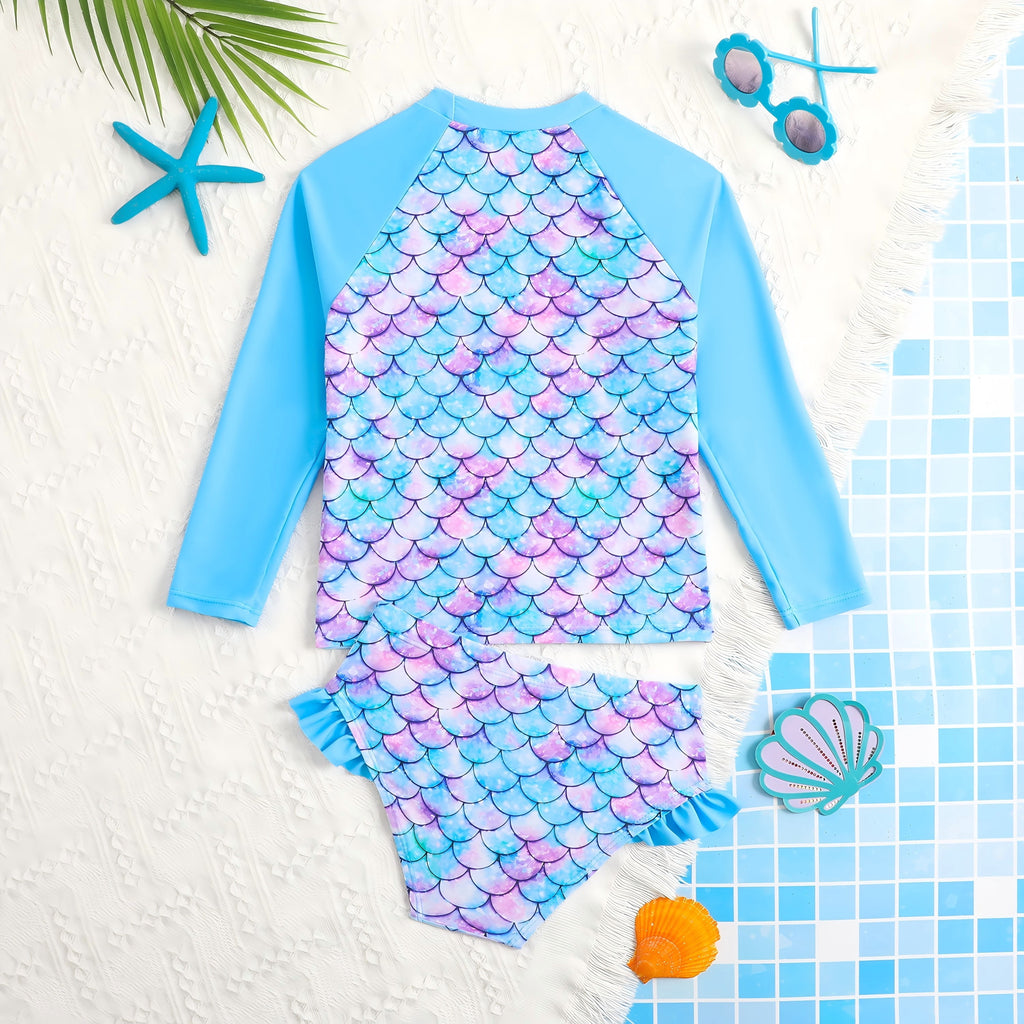 3-8T Toddler/Little Girls Light Blue Ocean Mermaid Scales Rashguard Swimsuit Set 5-6T