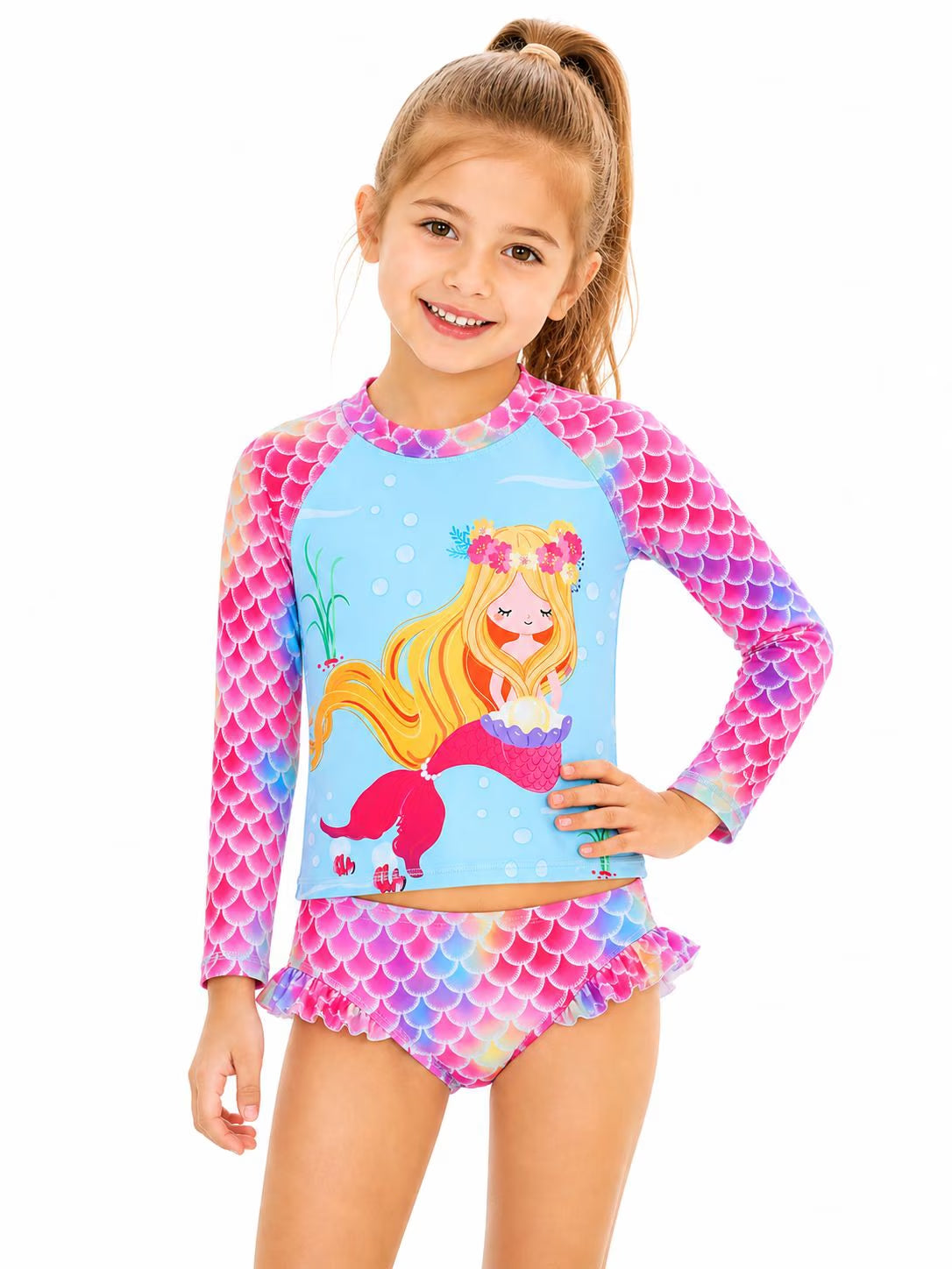 3-8T Toddler/Little Girls Light Blue Ocean Mermaid Scales Rashguard Swimsuit Set 5-6T