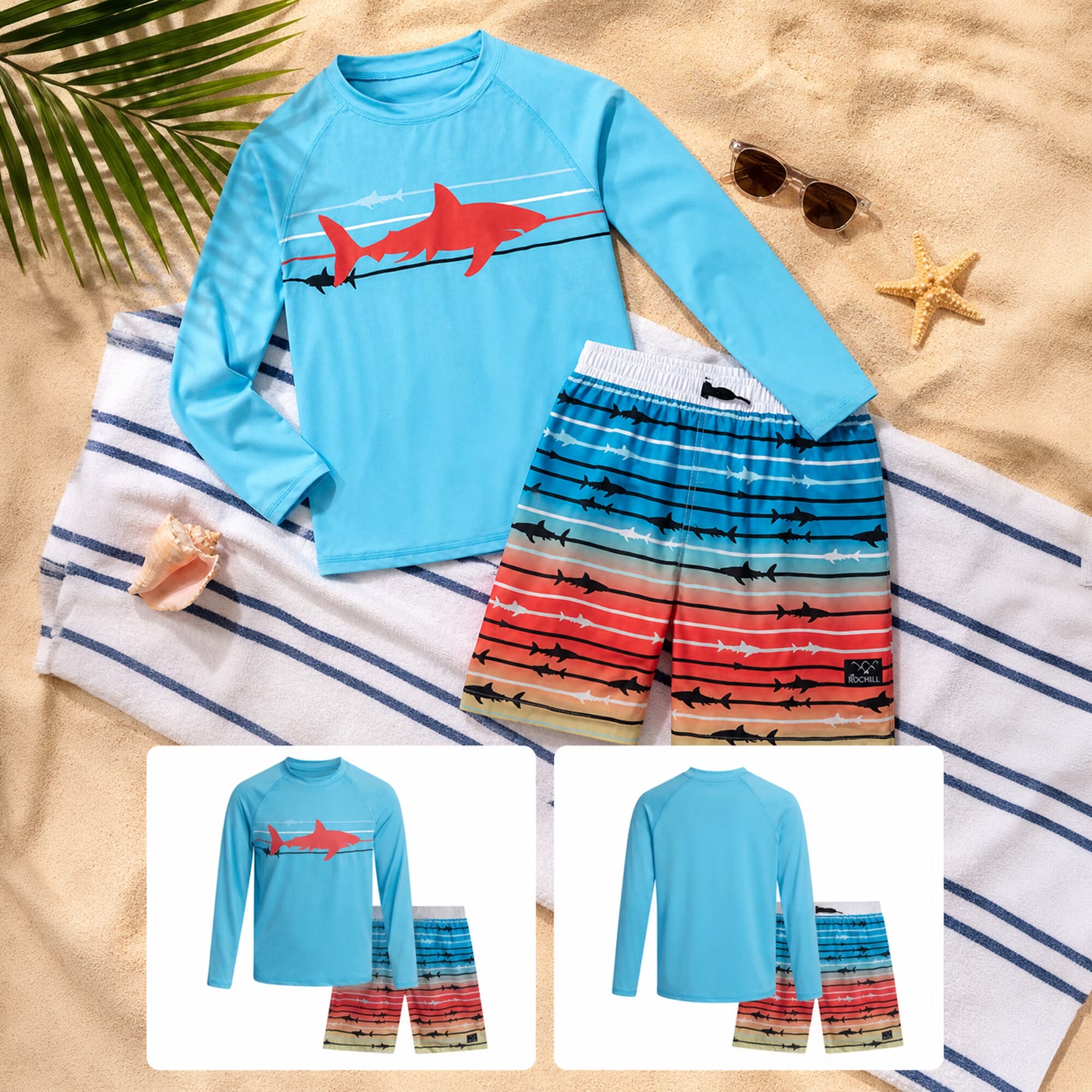 Boys Swim Set - UPF 50+ Long Sleeve Rash Guard and Swim Trunks, 2 Piece Boys Swimsuit Set
