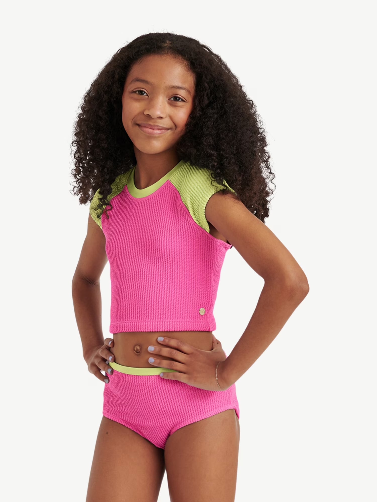 Girls 2 Piece Short Sleeve Rashguard Swimsuit, Sizes XS-XL