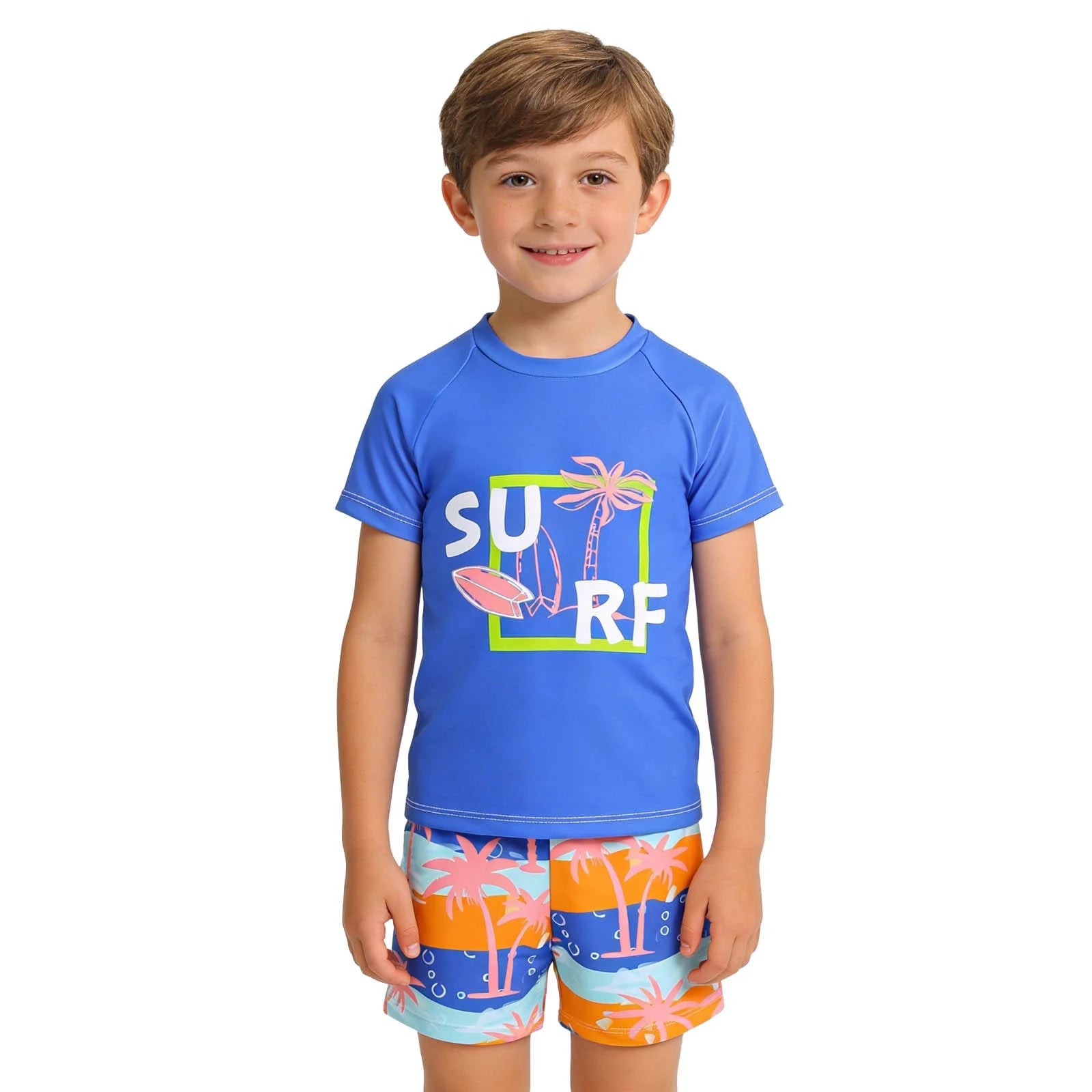 Cute Swimsuits Boys' 2 Piece Cartoon Dinosaur Two Piece Swimsuit Set Rash Guard and Swim Trunks for Swimming Size:5-6 Years