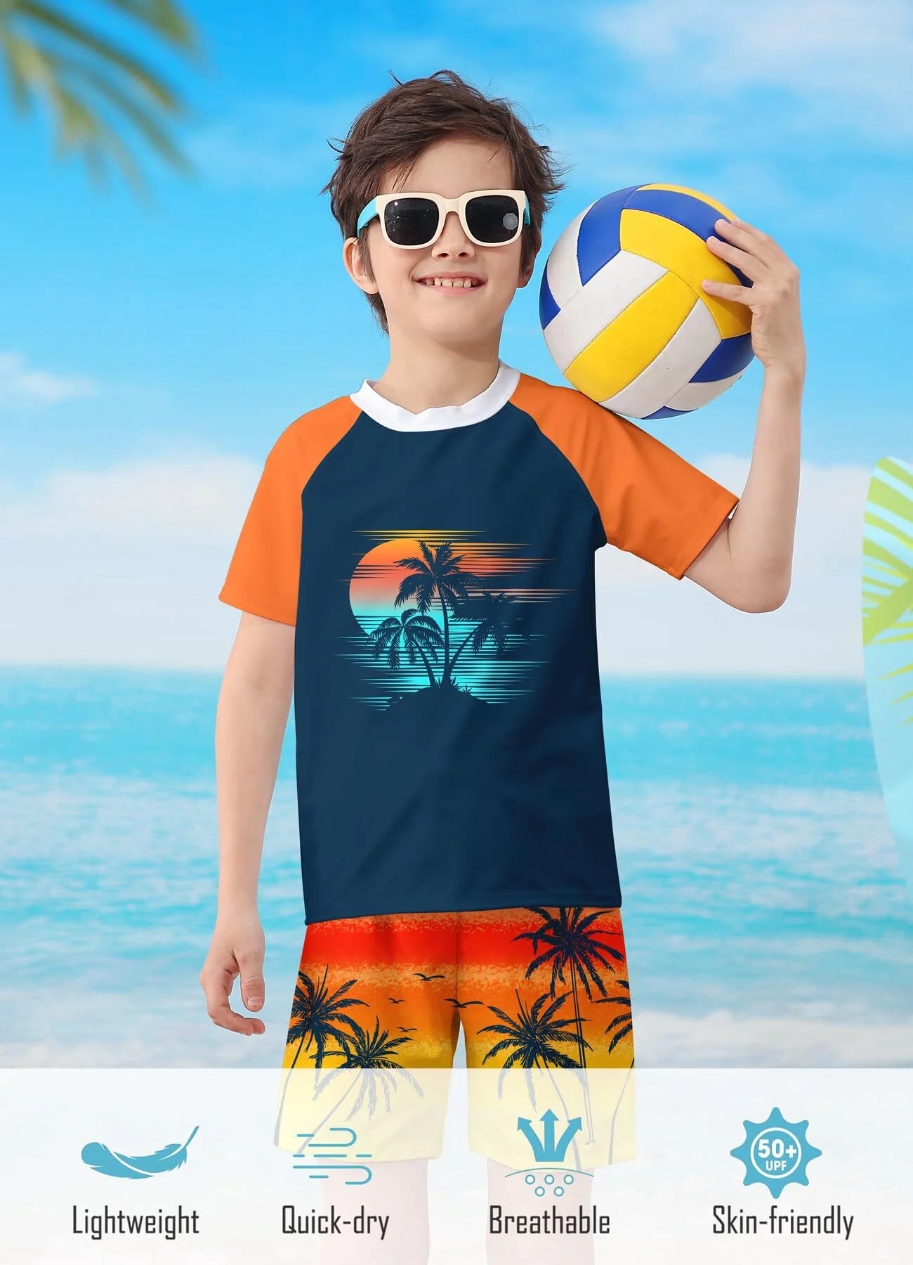Boys Two Piece Rash Guard Swimsuits Sets Bathing Suits with Trunks 4-10 Years