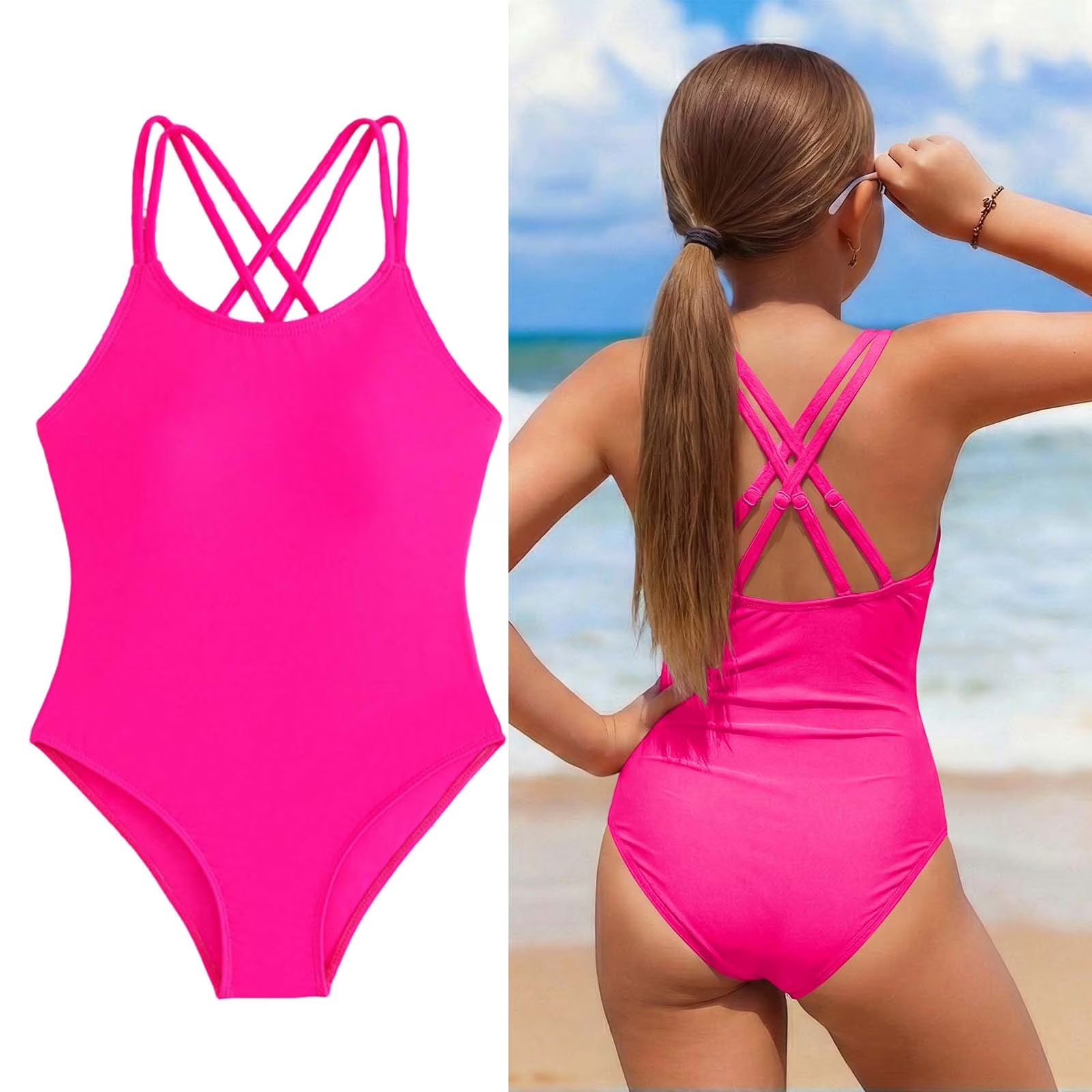 Swimsuits for Girls Crossback 1 Piece Bathing Suit Quick Dry Beach Swimwear with Adjustable Straps Tween Girl Bathing Suits 11-12 Years