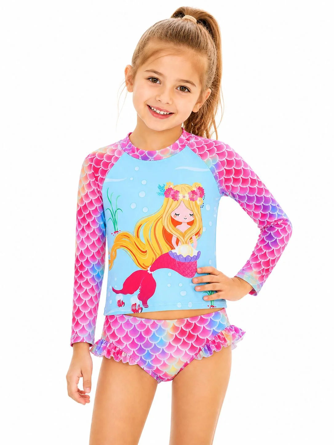 3-8T Toddler/Little Girls Light Blue Ocean Mermaid Scales Rashguard Swimsuit Set 5-6T