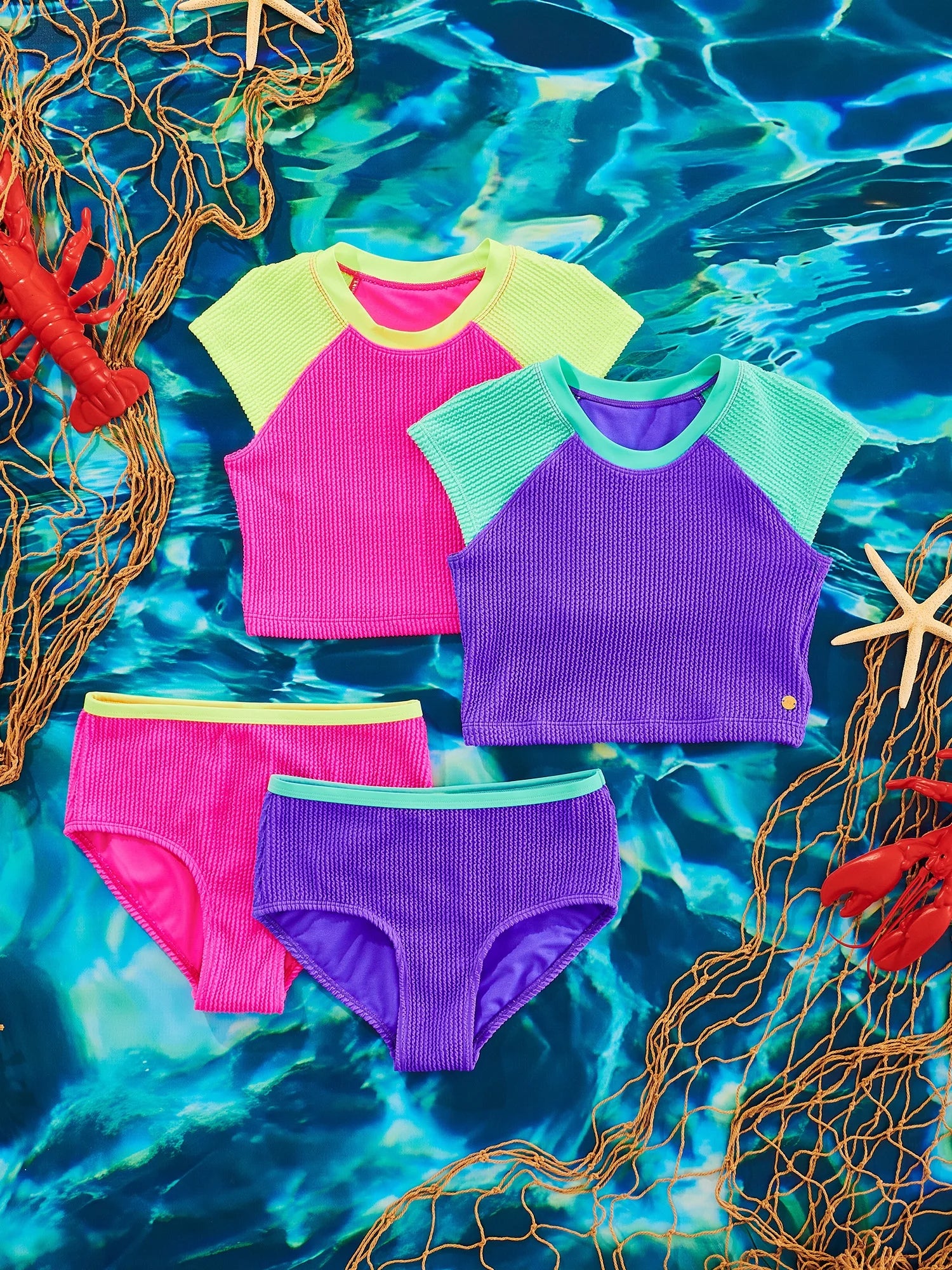 Girls 2 Piece Short Sleeve Rashguard Swimsuit, Sizes XS-XL