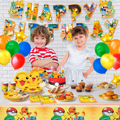 Pokemon Theme Birthday Party Decoration Tableware Set, Pokemon Party Supplies Tableware - Pokemon Table Cloth Banner Plates Napkins Cups for Pokemon Birthday Party Decorations