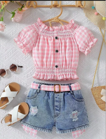 Children's Gingham Top & Denim Shorts Set
