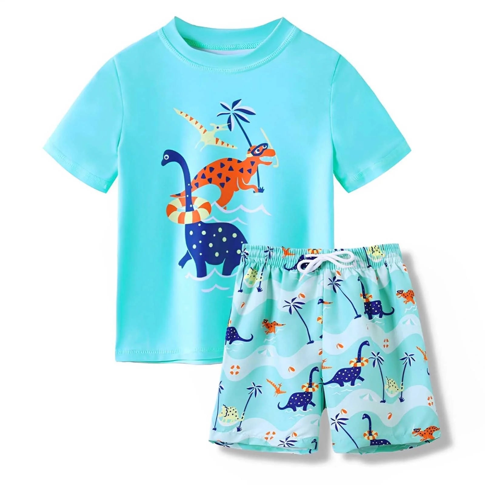 Cute Swimsuits Boys' 2 Piece Cartoon Dinosaur Two Piece Swimsuit Set Rash Guard and Swim Trunks for Swimming Size:5-6 Years