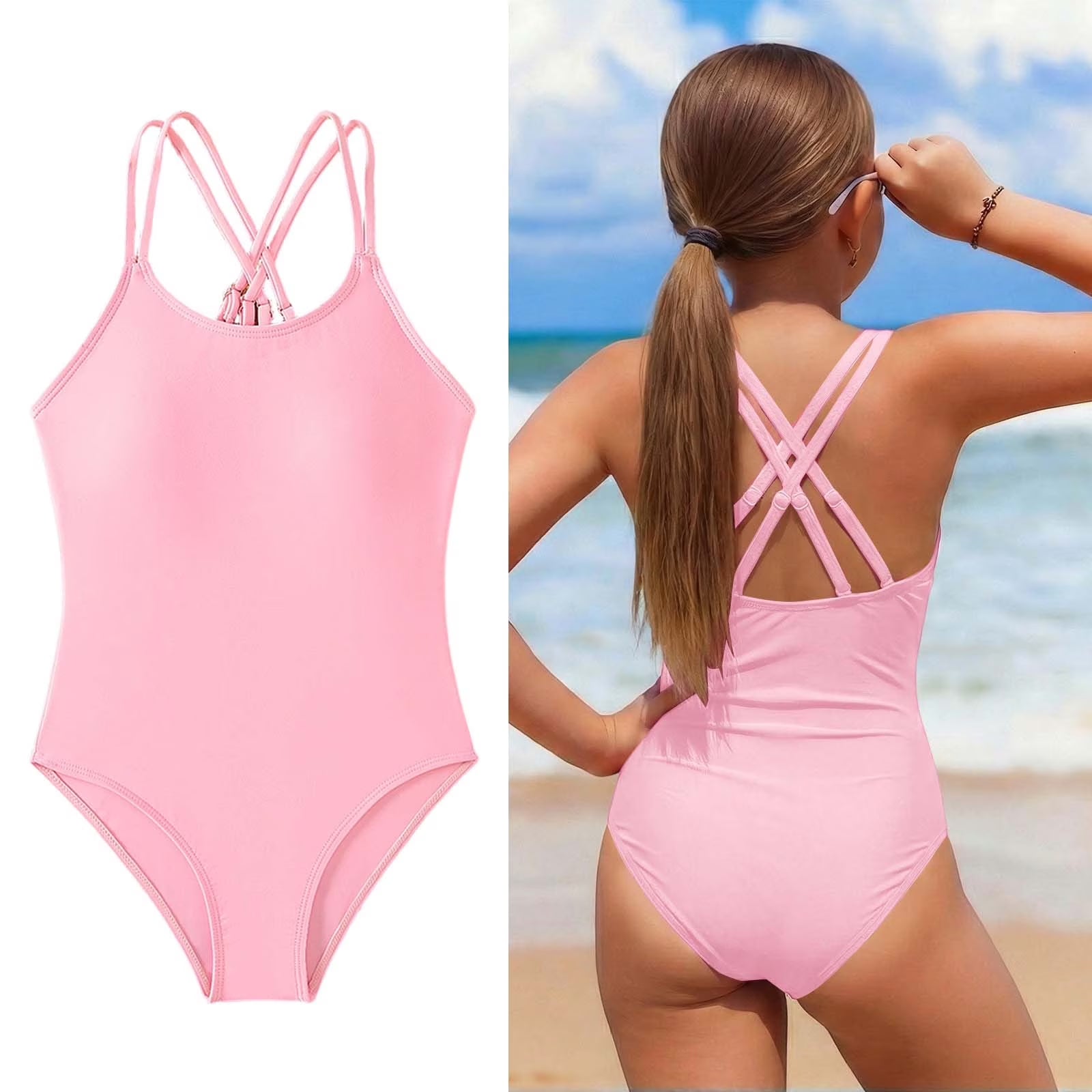 Swimsuits for Girls Crossback 1 Piece Bathing Suit Quick Dry Beach Swimwear with Adjustable Straps Tween Girl Bathing Suits 11-12 Years
