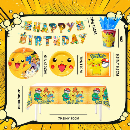 Pokemon Theme Birthday Party Decoration Tableware Set, Pokemon Party Supplies Tableware - Pokemon Table Cloth Banner Plates Napkins Cups for Pokemon Birthday Party Decorations