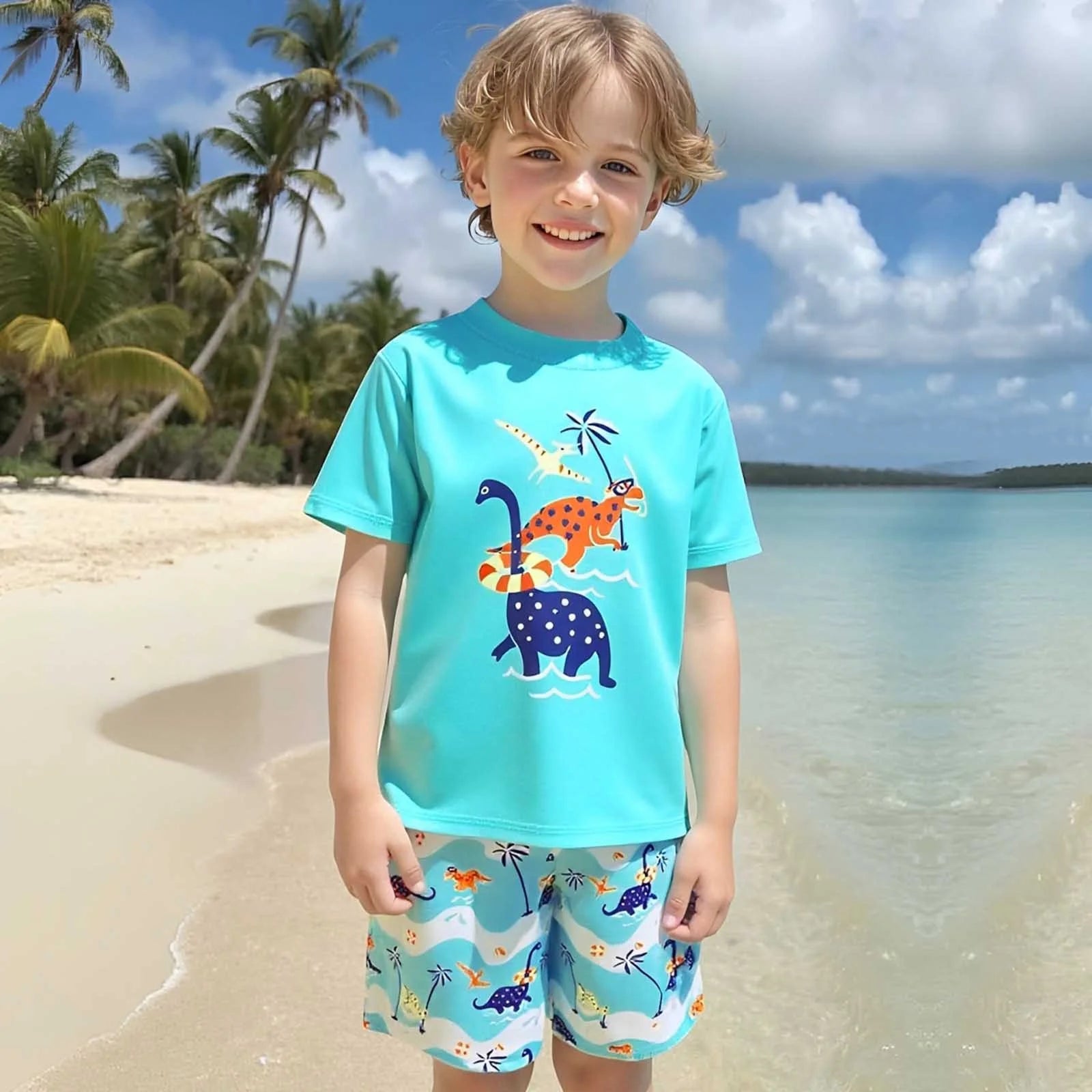 Cute Swimsuits Boys' 2 Piece Cartoon Dinosaur Two Piece Swimsuit Set Rash Guard and Swim Trunks for Swimming Size:5-6 Years