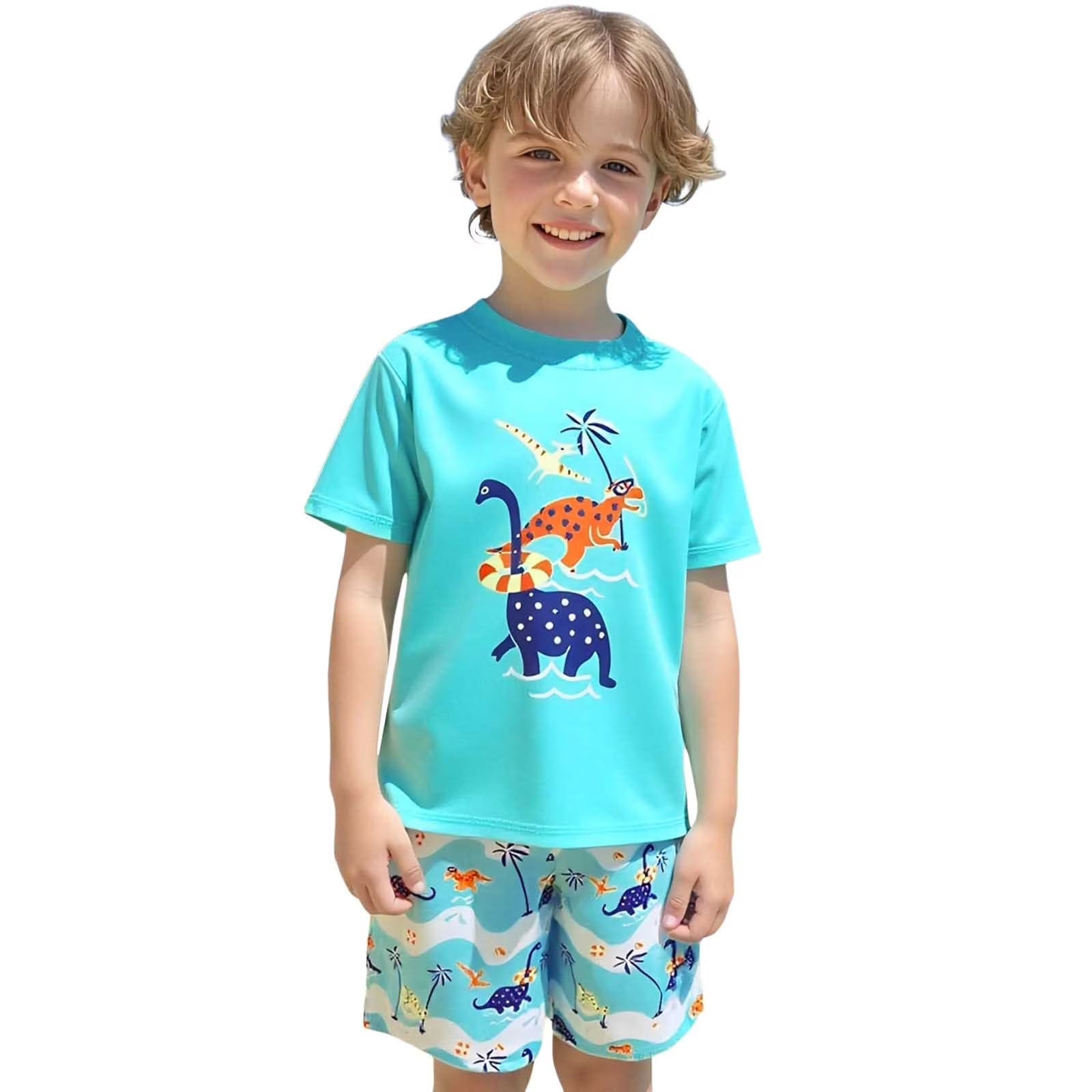 Cute Swimsuits Boys' 2 Piece Cartoon Dinosaur Two Piece Swimsuit Set Rash Guard and Swim Trunks for Swimming Size:5-6 Years