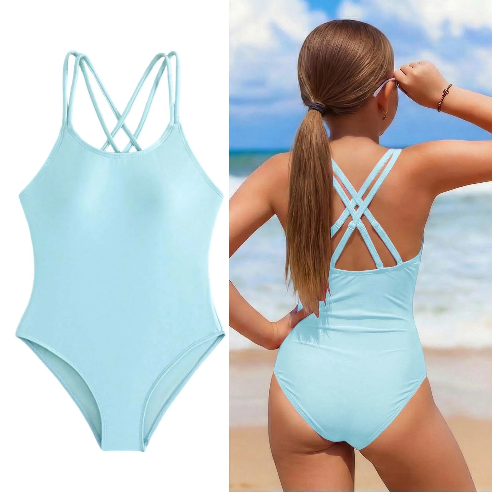 Swimsuits for Girls Crossback 1 Piece Bathing Suit Quick Dry Beach Swimwear with Adjustable Straps Tween Girl Bathing Suits 11-12 Years