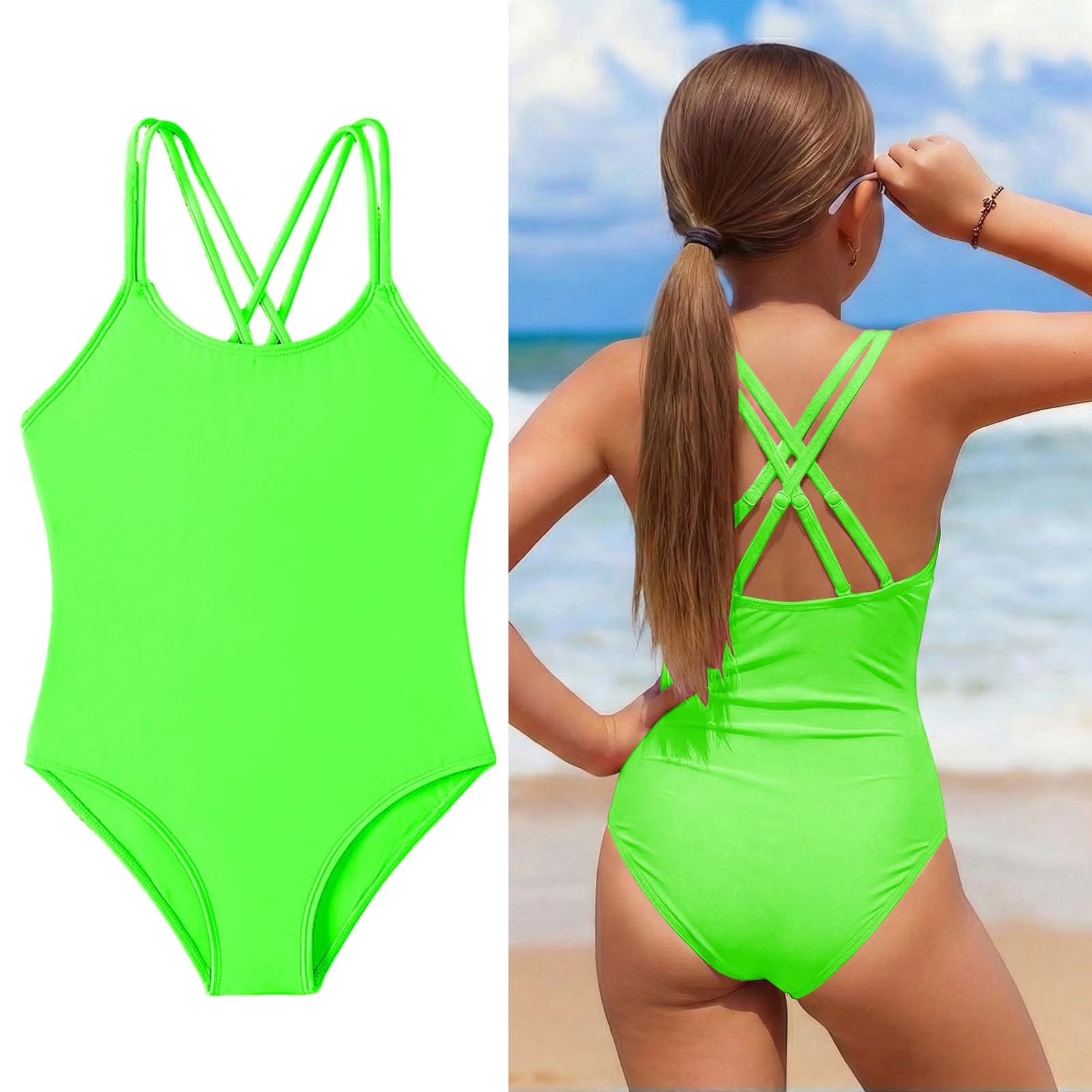 Swimsuits for Girls Crossback 1 Piece Bathing Suit Quick Dry Beach Swimwear with Adjustable Straps Tween Girl Bathing Suits 11-12 Years