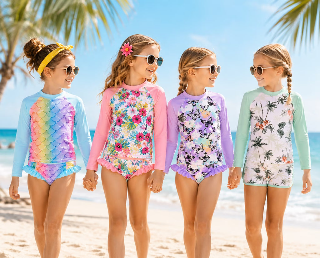 3-8T Toddler/Little Girls Light Blue Ocean Mermaid Scales Rashguard Swimsuit Set 5-6T
