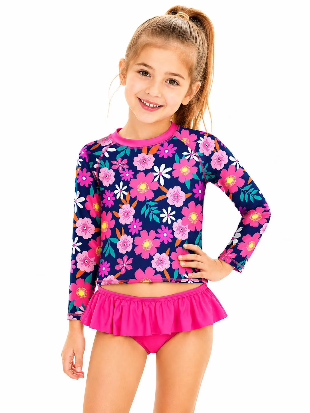 3-8T Toddler/Little Girls Light Blue Ocean Mermaid Scales Rashguard Swimsuit Set 5-6T
