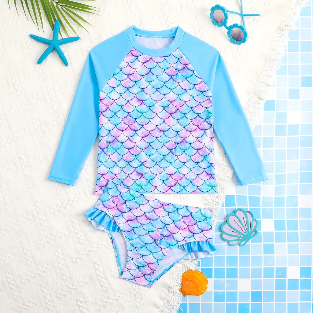 3-8T Toddler/Little Girls Light Blue Ocean Mermaid Scales Rashguard Swimsuit Set 5-6T