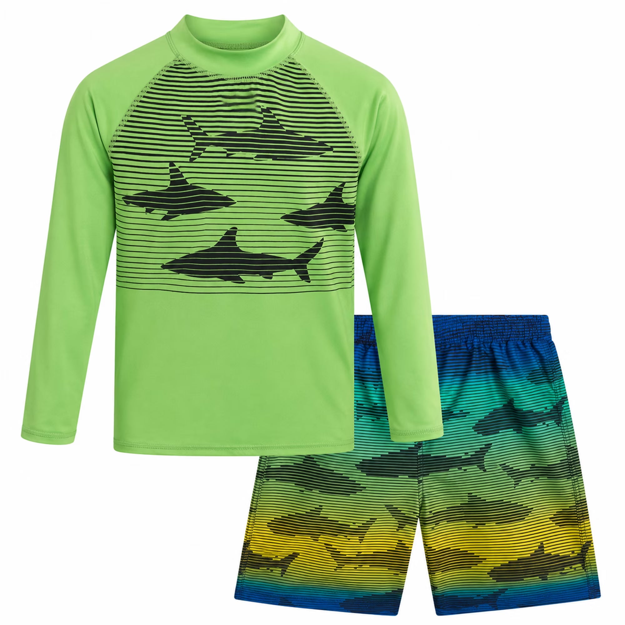 Boys Swim Set - UPF 50+ Long Sleeve Rash Guard and Swim Trunks, 2 Piece Boys Swimsuit Set