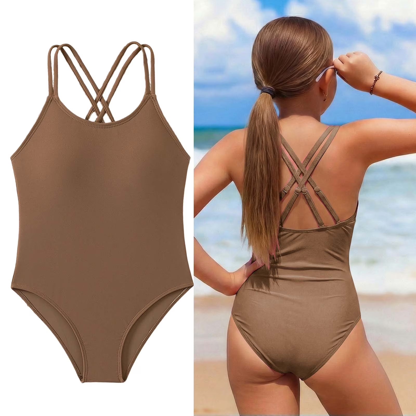 Swimsuits for Girls Crossback 1 Piece Bathing Suit Quick Dry Beach Swimwear with Adjustable Straps Tween Girl Bathing Suits 11-12 Years