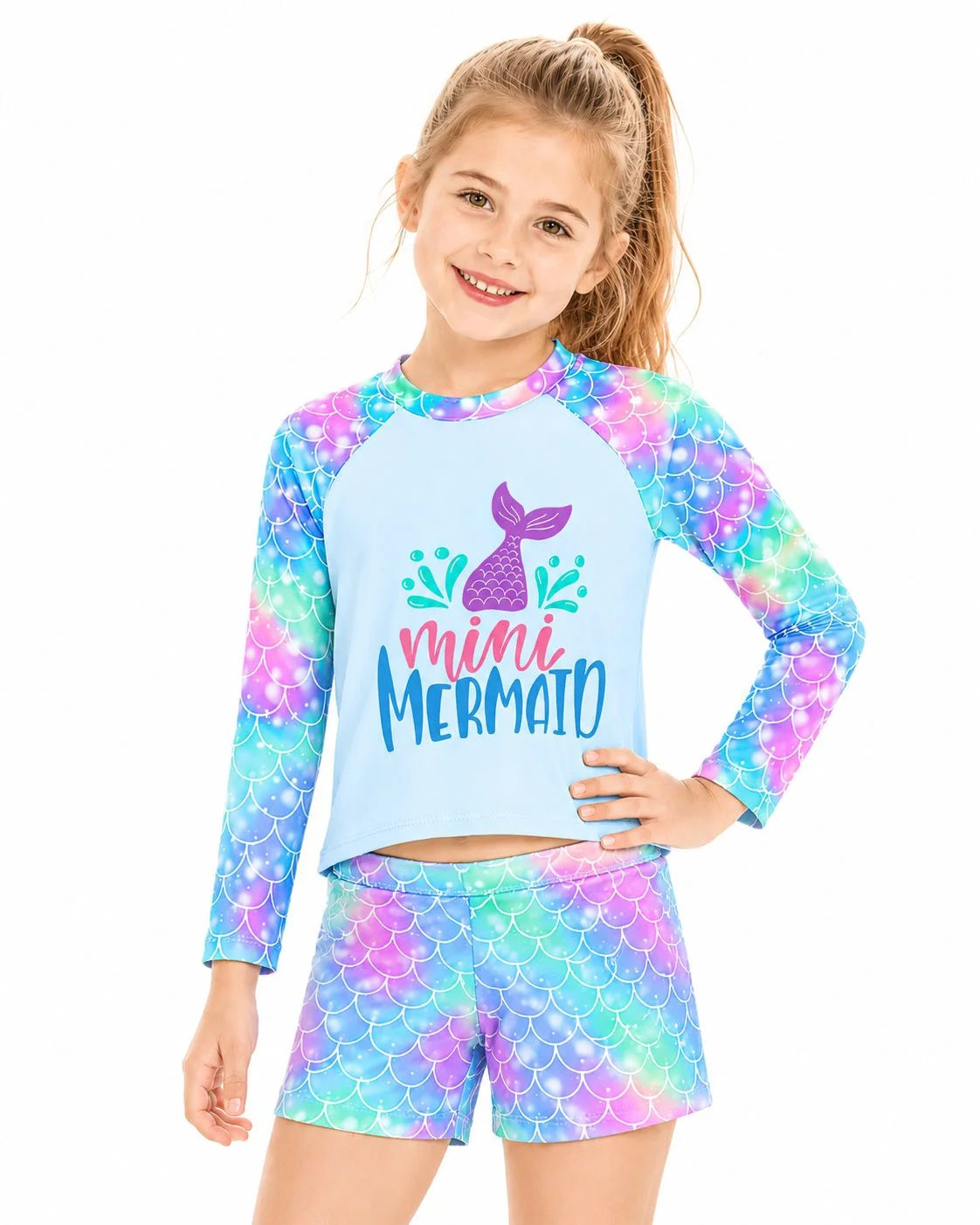 3-8T Toddler/Little Girls Light Blue Ocean Mermaid Scales Rashguard Swimsuit Set 5-6T