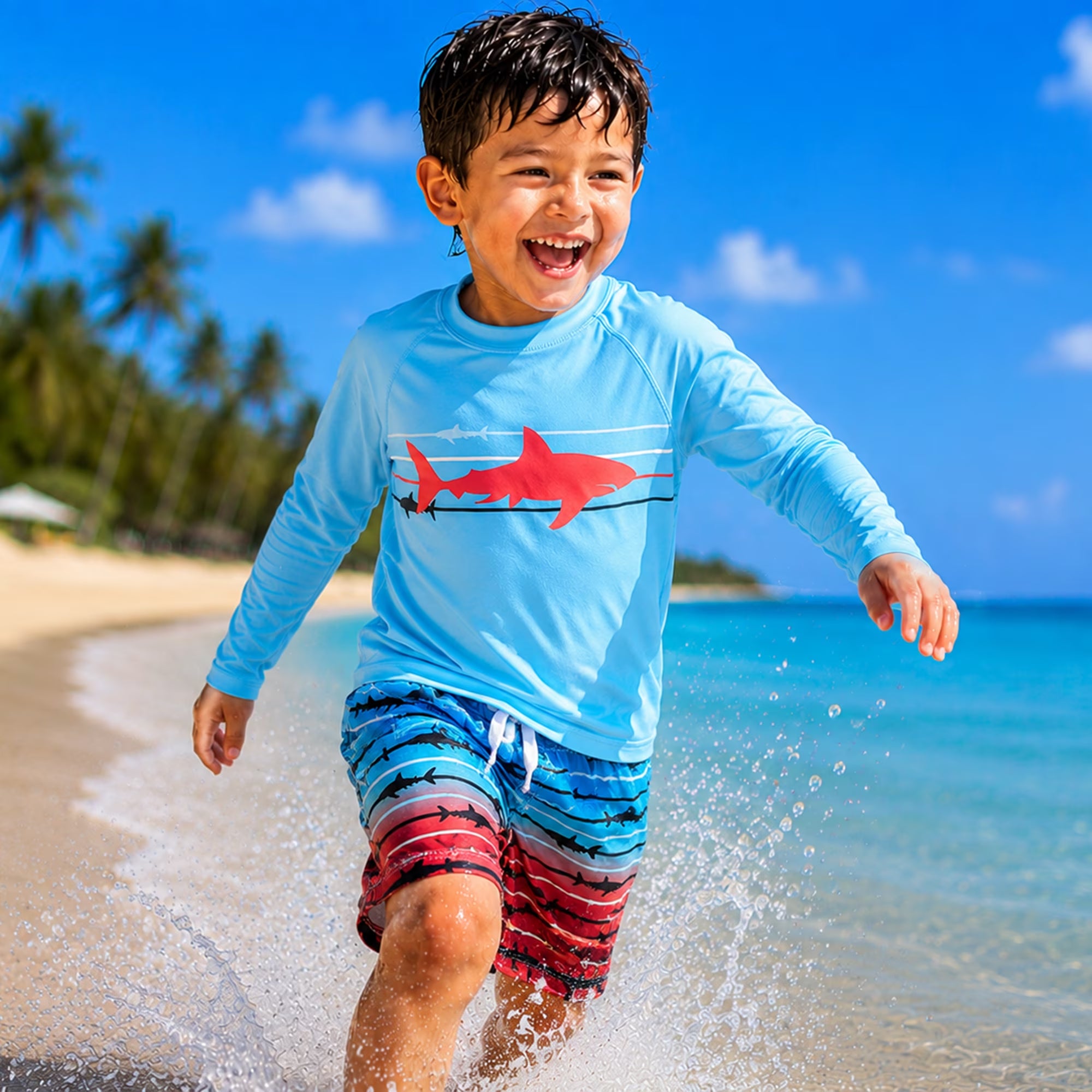 Boys Swim Set - UPF 50+ Long Sleeve Rash Guard and Swim Trunks, 2 Piece Boys Swimsuit Set