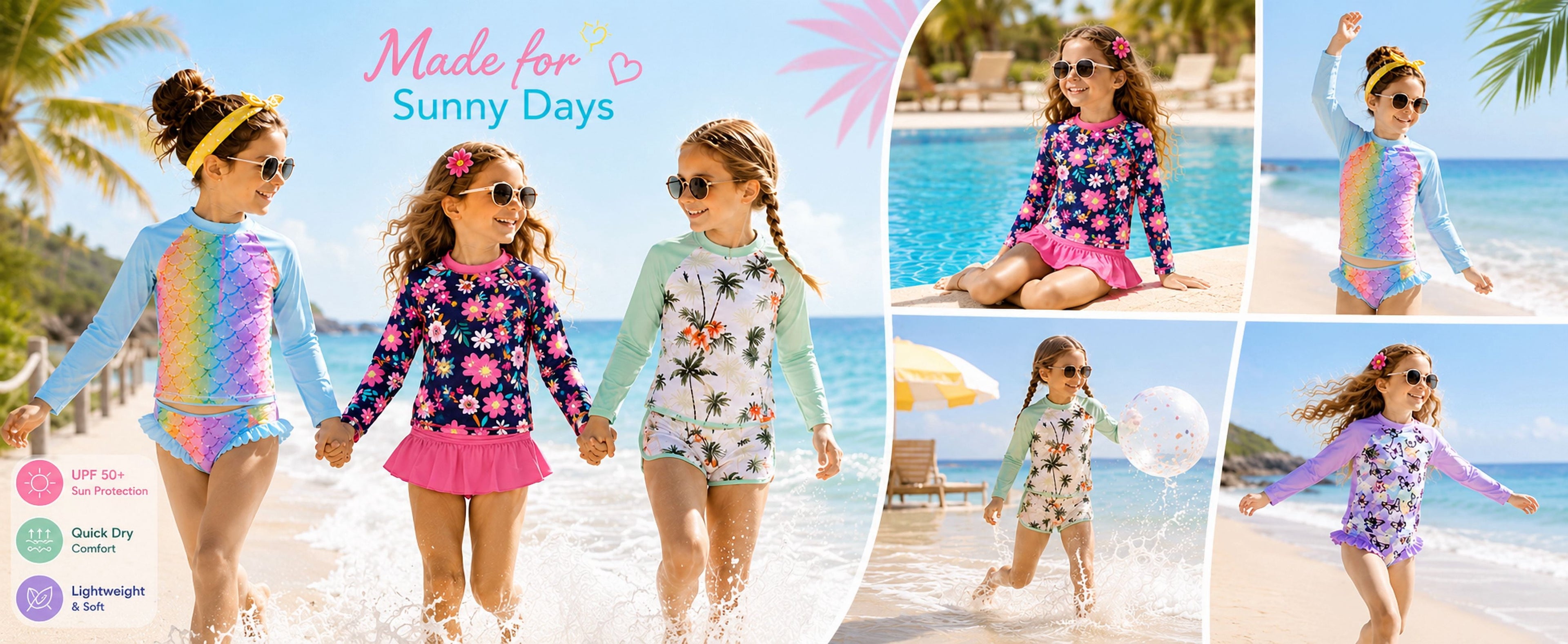 3-8T Toddler/Little Girls Light Blue Ocean Mermaid Scales Rashguard Swimsuit Set 5-6T